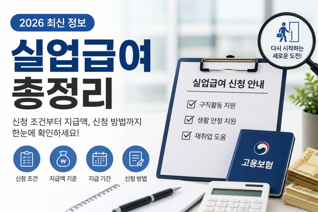 2026년 실업급여 신청 조건 및 지급액, 신청 방법 안내 인포그래픽 이미지